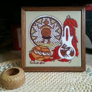 Vintage 1983 Teissedre Hispanic Southwestern Ceramic Wood Framed Tile Trivet Dec
